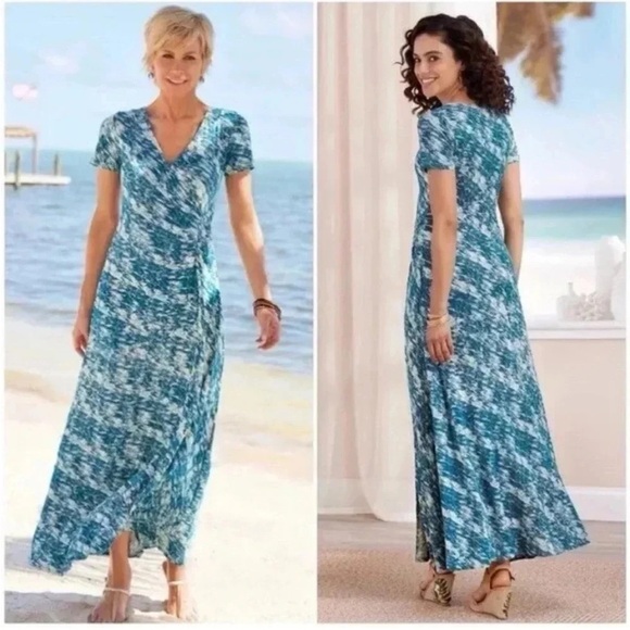 Soft Surroundings Joanna Faux Wrap Dress Womens 2x Abstract Maxi Surplice Neck - Picture 1 of 10